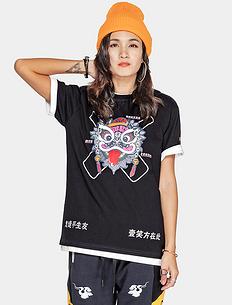 【5折】潮牌原创中国风醒狮元素狮子头中国风印花男女同款短袖T恤